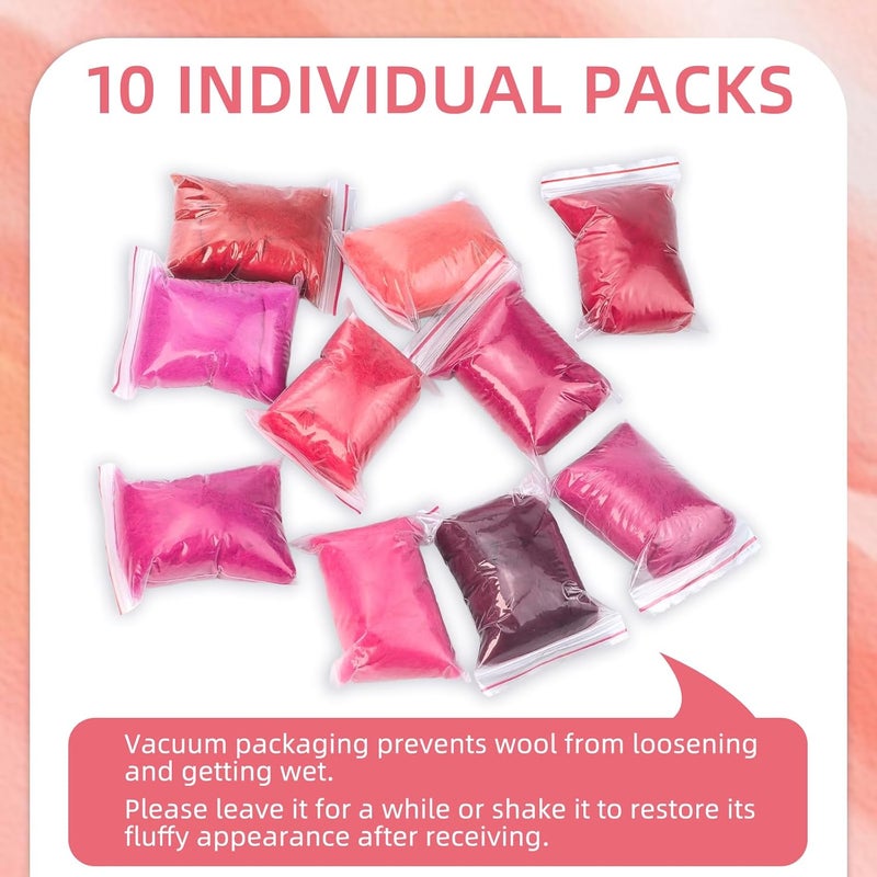 Flylin Needle Felting Wool, 10 Colors Wool Roving Yarn for Beginners and Wet Felting, 10g/Colour Fibre Wool Roving for DIY Craft/Spinning/Wall Hangings/Tapestry (Red Series) - Image 3